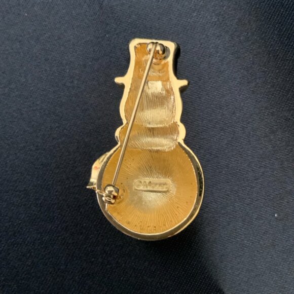 Snowman Pin Brooch Enamel Rhinestone Gold-Plated Signed Monet Holiday Jewelry - Picture 4 of 9